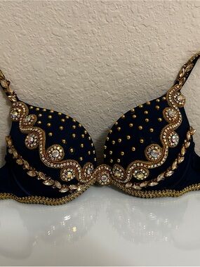 Handmade Navy Blue Gold Rhinestone Belly Dance Bra 75C / 34C Costume